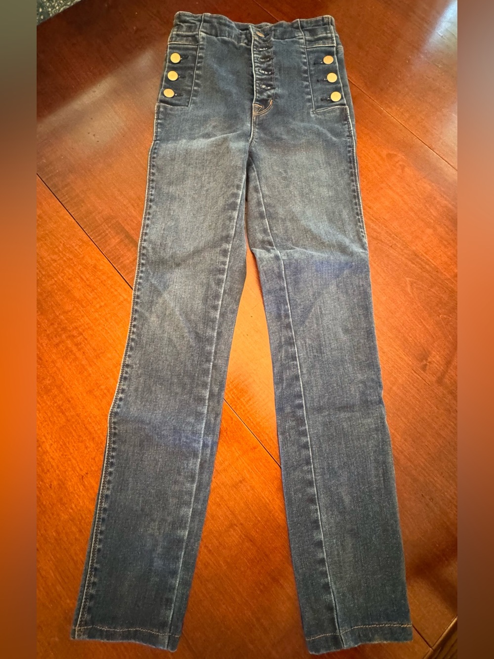 J Brand Natasha High-Rise Dark Blue Jeans with Gold Button Detail